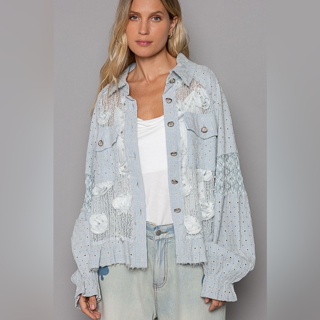 Eyelet Flower Pearl Detail Lace Patchwork Shirt In Powder Blue